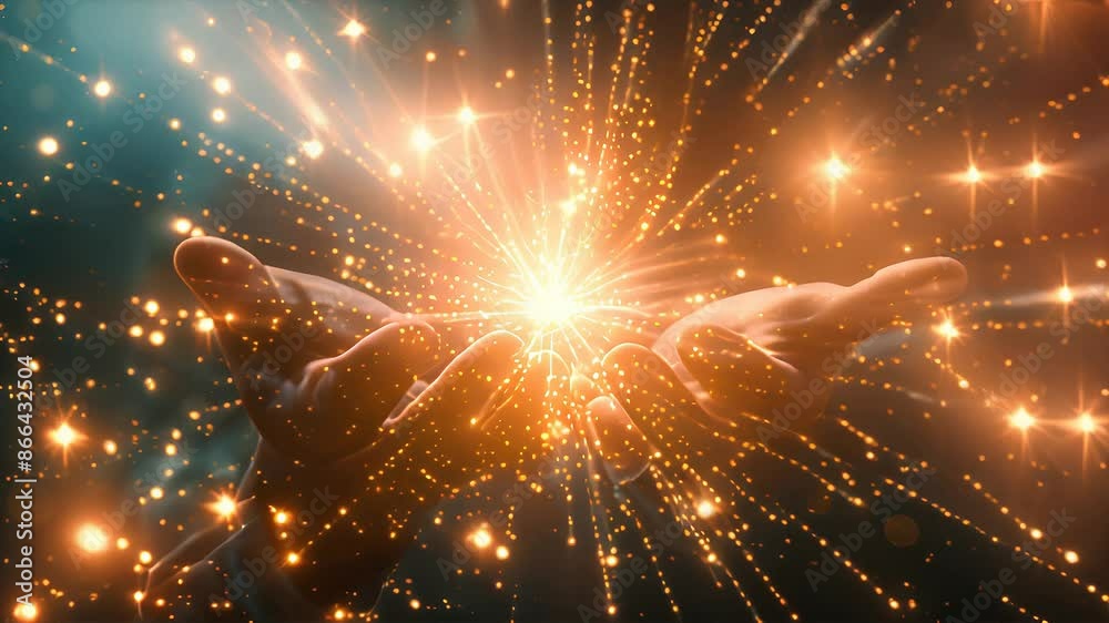 This video showcases a captivating image of golden light radiating from open hands, suggesting a powerful energy source or a moment of enlightenment