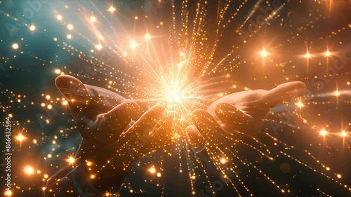 This video showcases a captivating image of golden light radiating from open hands, suggesting a powerful energy source or a moment of enlightenment