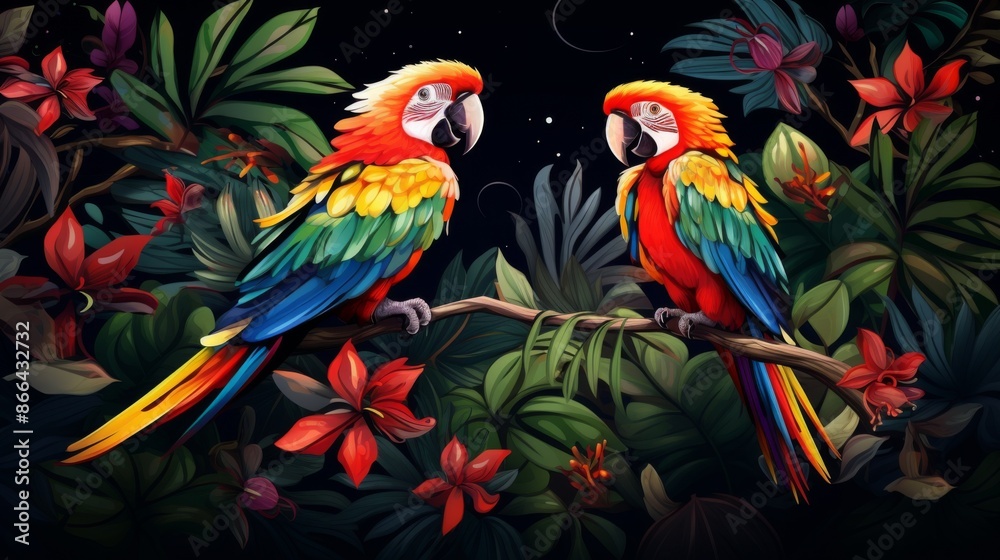 Obraz premium This night scene captures two brightly colored parrots perched on a branch surrounded by lush tropical flowers and greenery, emphasizing the serenity and beauty of a tropical night.