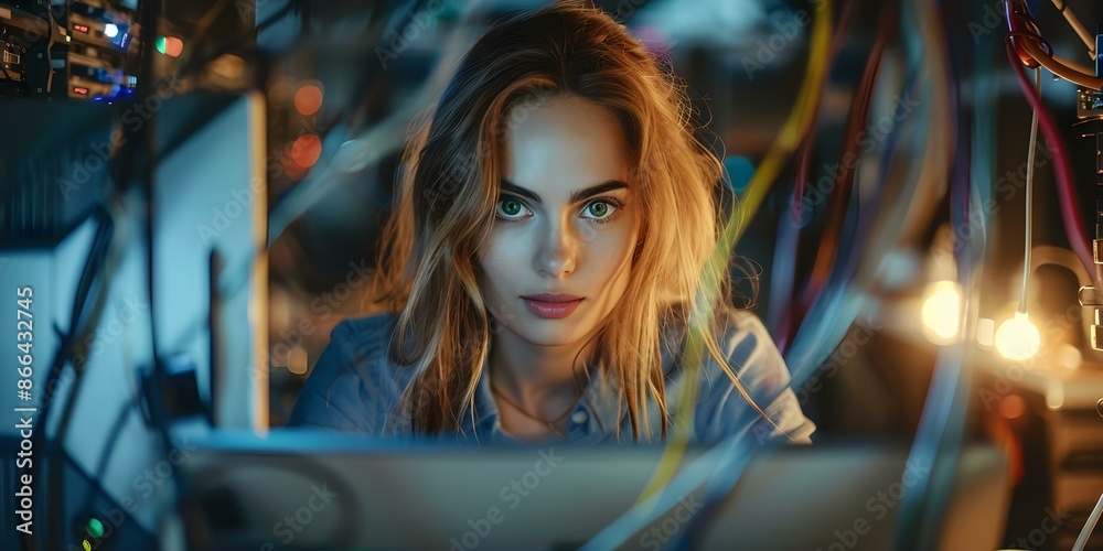 Obraz premium Woman working at computer with wires symbolizing technology connectivity or remote work. Concept Technology Connectivity, Remote Work, Working Woman, Computer Wires, Digital Lifestyle