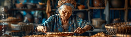 Elderly helper teaching traditional crafts at a community center, passing on valuable skills © pawimon