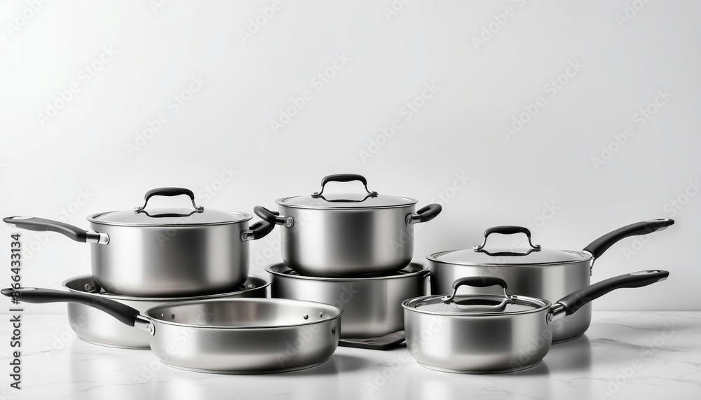 steel cookware and pan on white background, copy space for text, ad shot. steel cookware and pan on white background, copy space for text, ad shot.