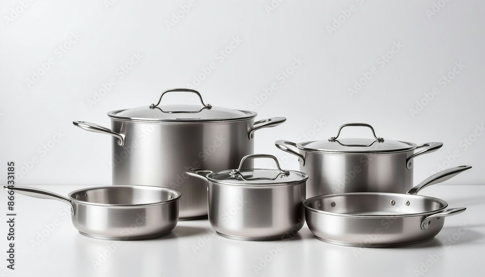 steel cookware and pan on white background, copy space for text, ad shot. steel cookware and pan on white background, copy space for text, ad shot.