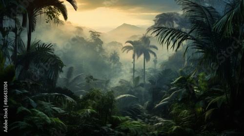 A misty sunrise envelops a dense jungle, highlighting the towering palm trees and thick foliage, with distant mountainous terrains contributing to the scene's mystical aura. photo