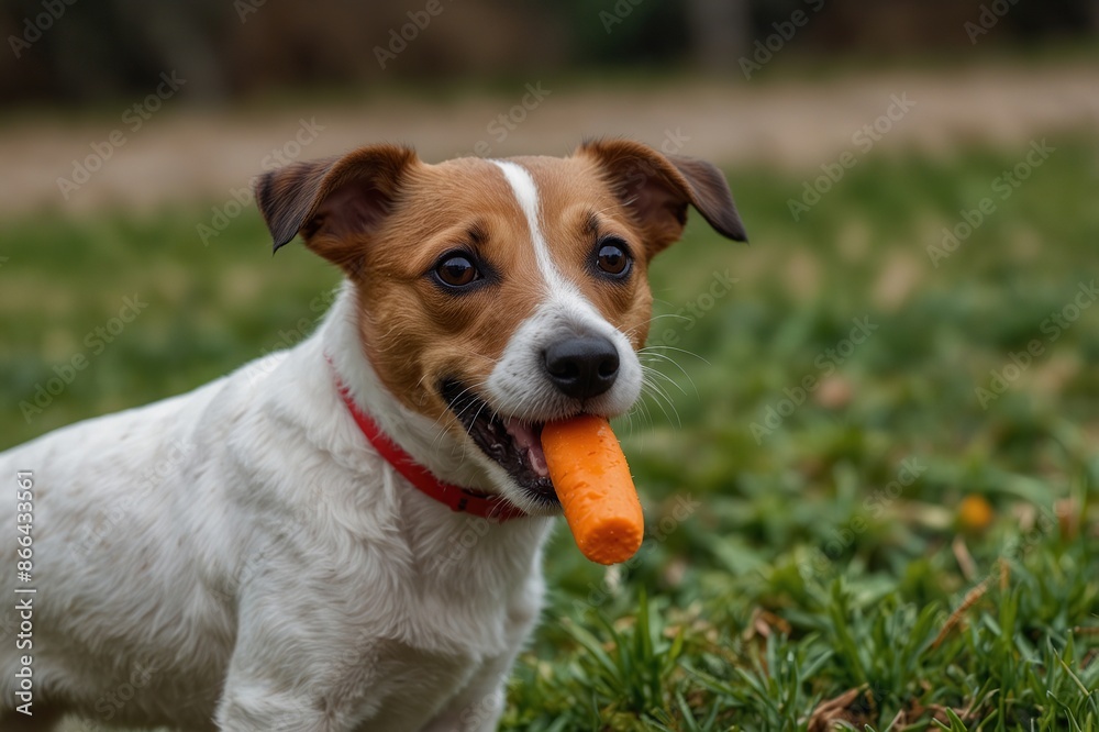 Jack Russell Terrier dog holding carrot toy in his mouth and inviting its owner to play with him Jack Russell Terrier dog holding carrot toy in his mouth and inviting its owner to play with him