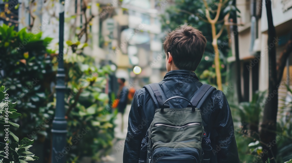 a man with a backpack walking down a street in a city with tall buildings and trees on both sides a man with a backpack walking down a street in a city with tall buildings and trees on both sides