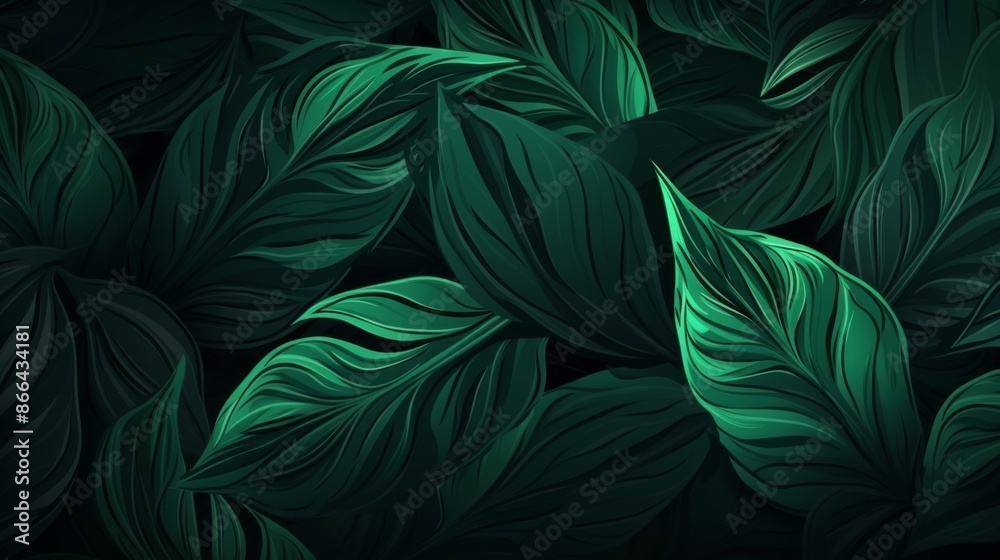 Fototapeta premium A stunning dark green foliage background showcasing intricate leaf patterns, offering a rich and elegant display of natural elements for a calming aesthetic.