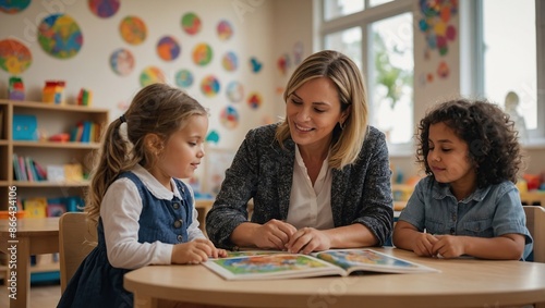 Kindergarten, teacher and reading a story to children in montessori school, classroom and learning. Kids, fairytale and woman teaching language in fantasy with creativity in preschool education