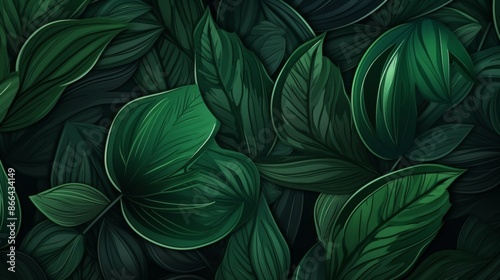 A lush, green foliage background featuring an intricate and abstract arrangement of dense leaves, creating a natural and vibrant greenery effect.