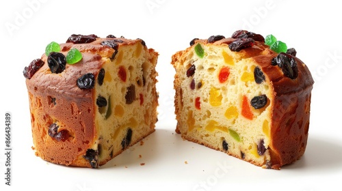 Fototapeta Naklejka Na Ścianę i Meble -  Italian Christmas Panettone cake with dried fruits on white background Festive season