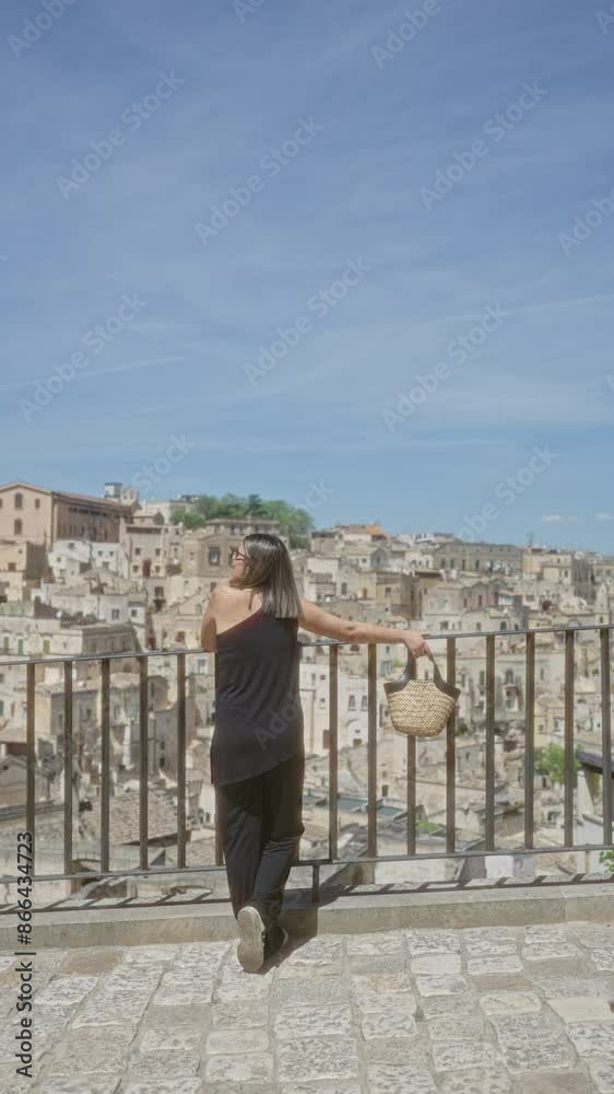 A beautiful young hispanic woman in matera, basilicata, italy, stands at a viewpoint overlooking the old town, wearing black attire and holding a straw bag against the sunny blue sky. A beautiful young hispanic woman in matera, basilicata, italy, stands at a viewpoint overlooking the old town, wearing black attire and holding a straw bag against the sunny blue sky.