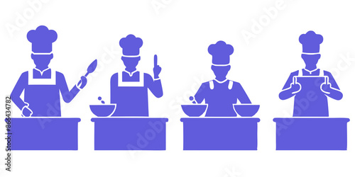 Chef preparing food in a kitchen with cooking utensils. Outline of assorted individuals clasping hands, signifying harmony and cooperation.