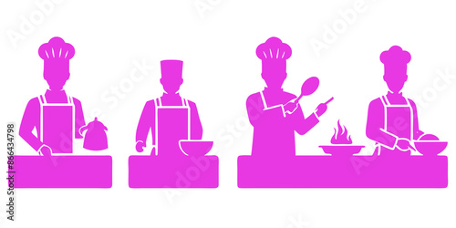 Chef preparing food in a kitchen with cooking utensils. Outline of assorted individuals clasping hands, signifying harmony and cooperation.