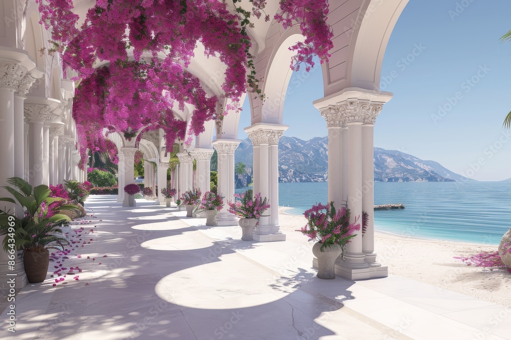 Obraz premium Elegant patio with white columns and blooming flowers creating a charming and sophisticated outdoor space