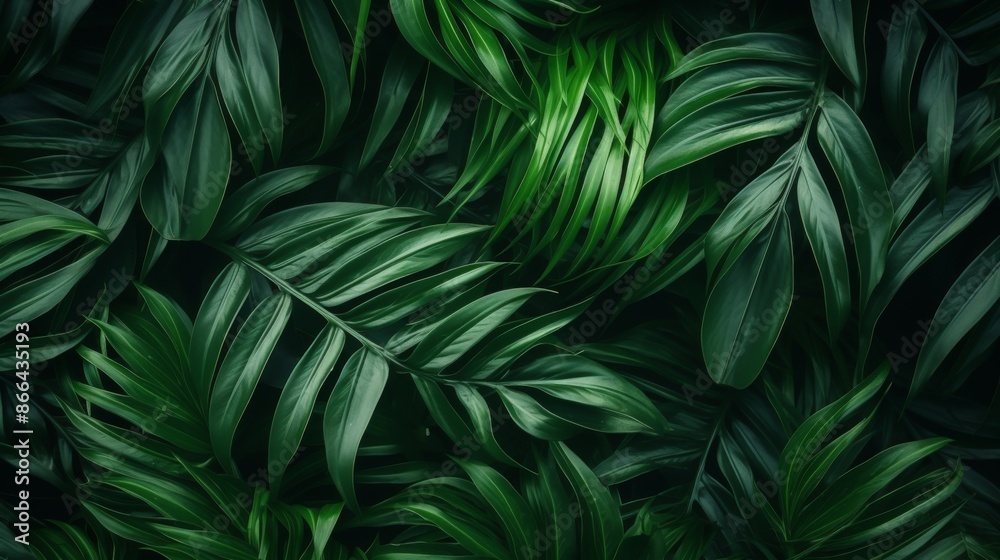 A soothing background of lush green tropical leaves, showcasing the beauty and tranquility of nature's vivid greenery in a harmonious and calming composition.