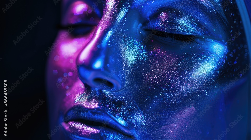 Close-up of person with glitter makeup under dramatic blue and pink lighting, eyes closed Close-up of person with glitter makeup under dramatic blue and pink lighting, eyes closed