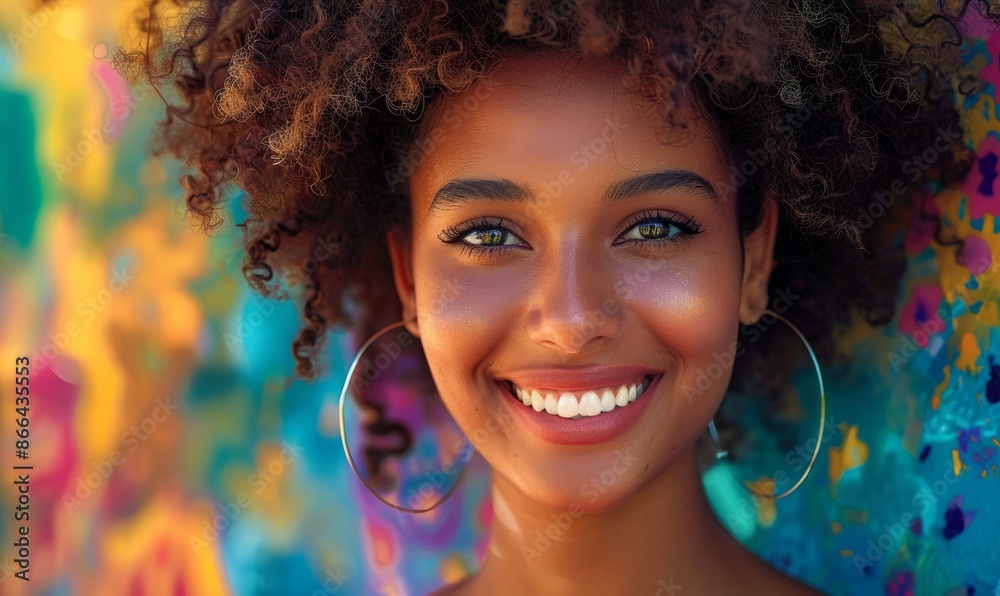 Woman with hoop earrings and a vibrant smile Woman with hoop earrings and a vibrant smile