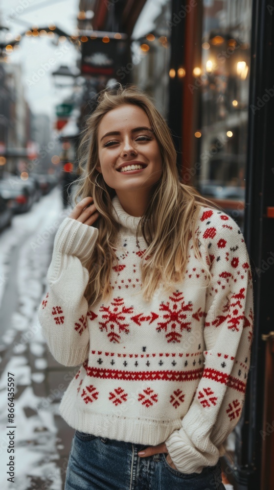 Fototapeta premium Dutch woman in a festive holiday sweater, looking joyful