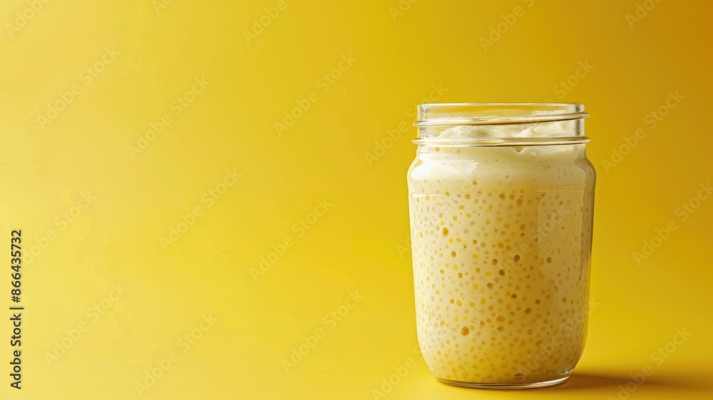 Smoothie in jar set against yellow background Smoothie in jar set against yellow background