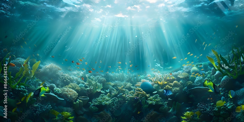 Fototapeta premium Vibrant Underwater Scene High-Resolution Digital Artwork Featuring Exotic Plants and Fish. Concept Underwater Photography, Exotic Plants, Digital Artwork, Vibrant Colors, High Resolution