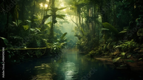 A tranquil jungle scene with a river flowing gently under the golden sunlight, surrounded by thick, lush greenery. The serenity of nature is beautifully captured.