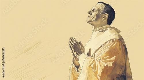 Saint Thomas Facing Assassins, Cathedral Setting, Biblical Illustration, Beige Background, Copyspace