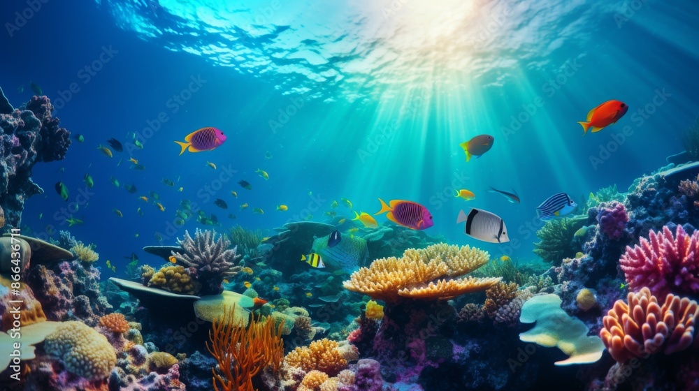 Fototapeta premium Vibrant underwater scene showcasing diverse and colorful fish swimming around beautiful coral reefs, depicting the colorful and serene underwater world.