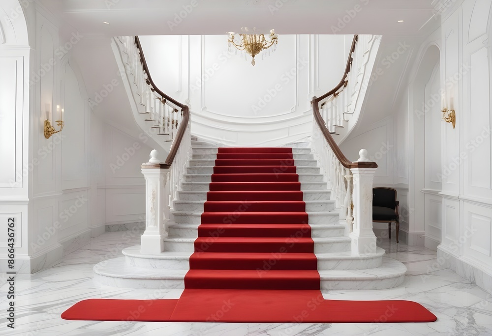 Obraz premium Luxury elegant white marble classy staircase with premium red carpet, empty white marble and stone hallway, columns, statues