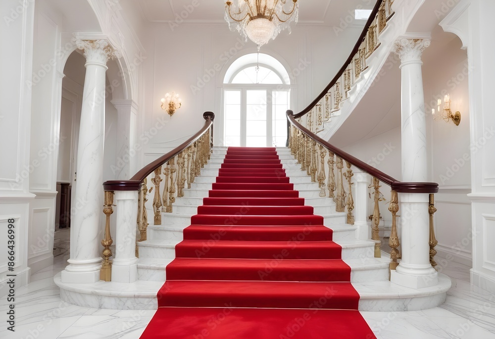 Fototapeta premium Luxury elegant white marble classy staircase with premium red carpet, empty white marble and stone hallway, columns, statues
