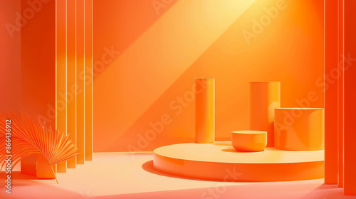 Modern 3D room with a set of orange cylinder pedestal podiums. Clean and clear scene for product display presentation. 3d vector geometric platform designs. Stage for cosmetic product showcase.