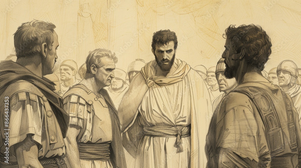 Martyrdom of Saint Agapius of Palestrina, facing Roman persecutors. Courage and faith, historical setting, unwavering conviction. Biblical Illustration, Beige Background, copyspace. Martyrdom of Saint Agapius of Palestrina, facing Roman persecutors. Courage and faith, historical setting, unwavering conviction. Biblical Illustration, Beige Background, copyspace.