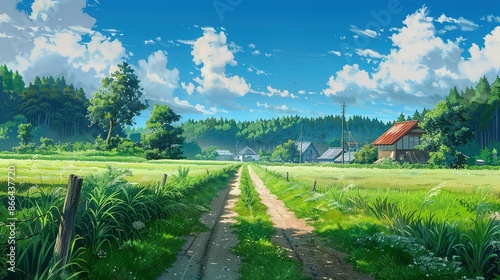 Countryside Pathway Leading to Village Houses