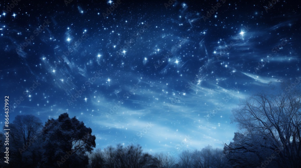 A beautiful winter night sky brimming with stars, set above frosty treetops, capturing the enchanting tranquility and pristine beauty of a cold, starry night. A beautiful winter night sky brimming with stars, set above frosty treetops, capturing the enchanting tranquility and pristine beauty of a cold, starry night.