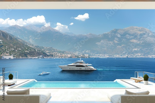 Luxurious yacht with mountain backdrop offering an elegant and opulent setting perfect for an exclusive and relaxing getaway on the water