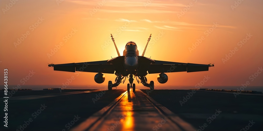 Silhouetted Jet Fighter at Sunset on an Aircraft Carrier Deck. Concept ...