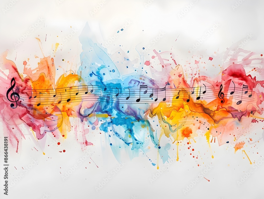 Fototapeta premium Vibrant Watercolor Music Notes Splashing Across a Soft Abstract Canvas Background with Elegant Flair