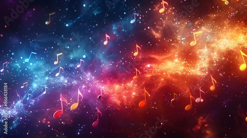 Vibrant Celestial Symphony of Swirling Colorful Music Notes in a Dynamic Galactic Backdrop