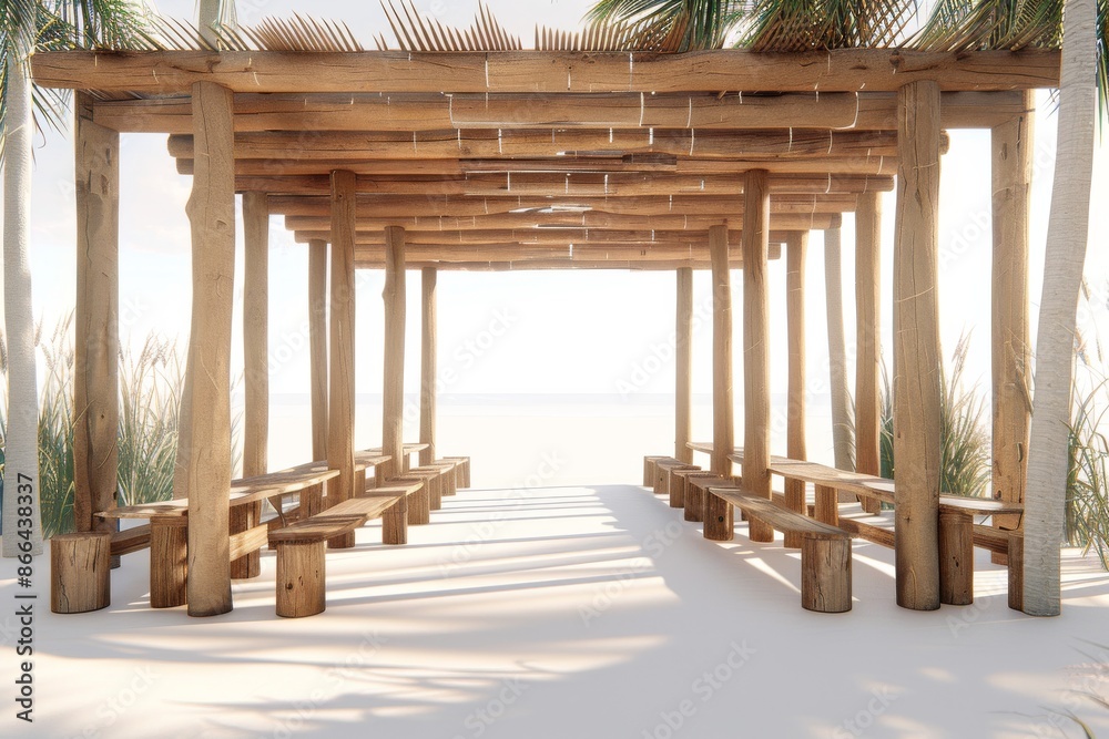 Minimalist outdoor dining area with wooden pergola featuring a serene beachside setting with sand and simple wooden furniture perfect for relaxation