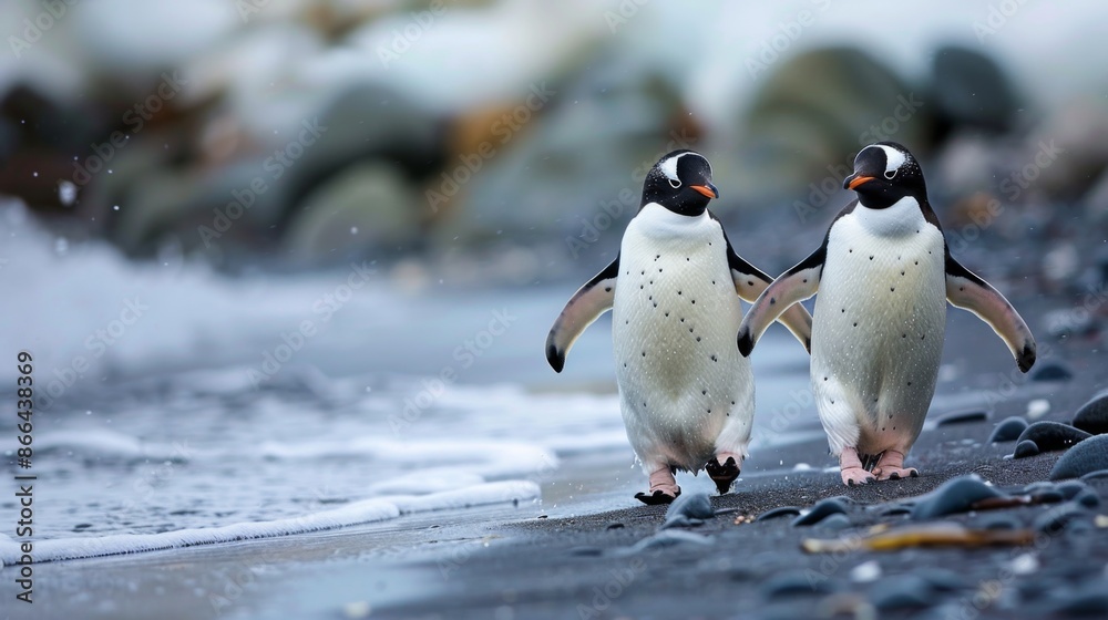 Obraz premium Pair of gentoo penguins walk along a beach with the ocean waves nearby, showcasing the serene and social aspects of wildlife in their natural coastal habitat.