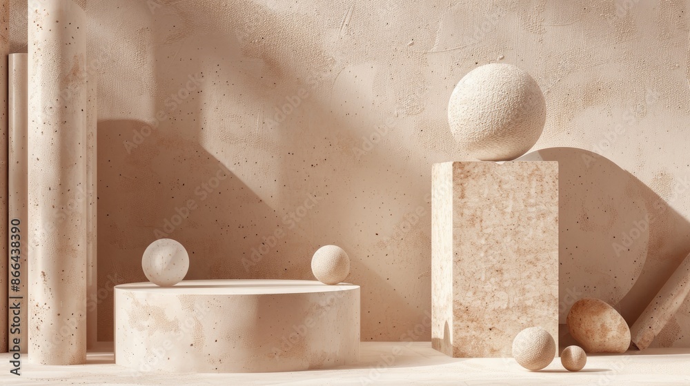 View of Geometric podium composition for advertisements in beige tones ...