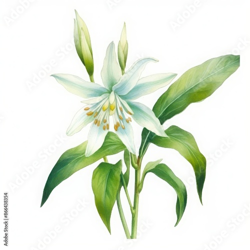 Watercolor delicate white flower with green leaves, painted in a botanical style. White background