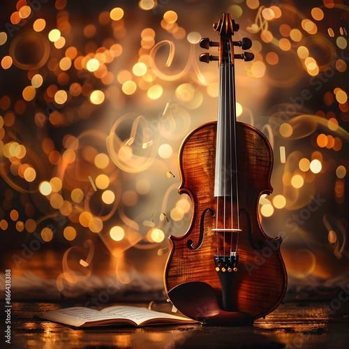 Elegantly Lit Classical Violin with Warm Toned Musical Notes Background