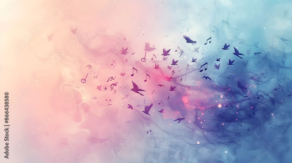 Obraz premium Transforming Music Notes Floating into Dreamlike Birds with Soft Detailed Atmosphere