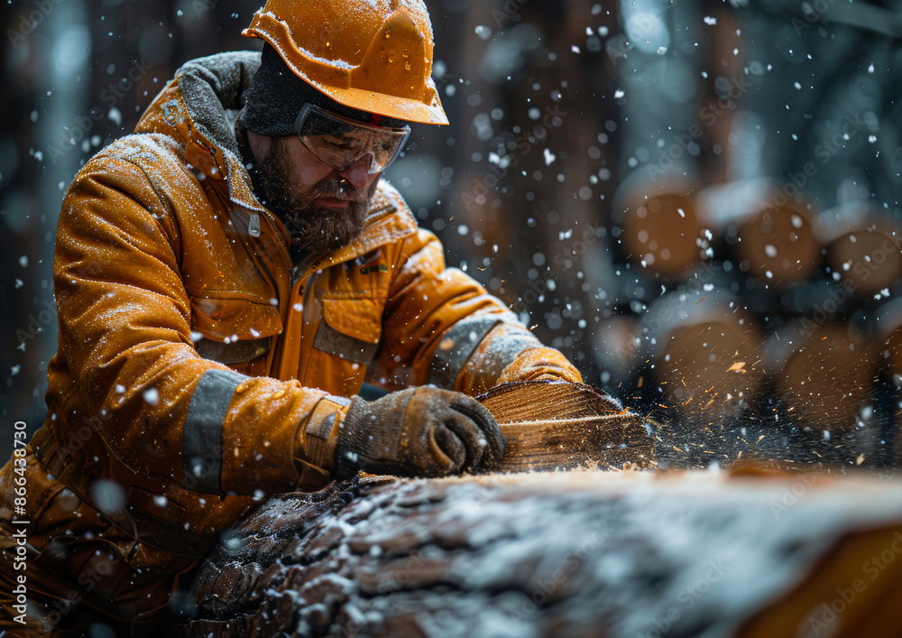 A man in a yellow jacket is cutting a tree with an axe. The scene is set in a snowy environment, and the man is wearing a hard hat and safety goggles. A man in a yellow jacket is cutting a tree with an axe. The scene is set in a snowy environment, and the man is wearing a hard hat and safety goggles.