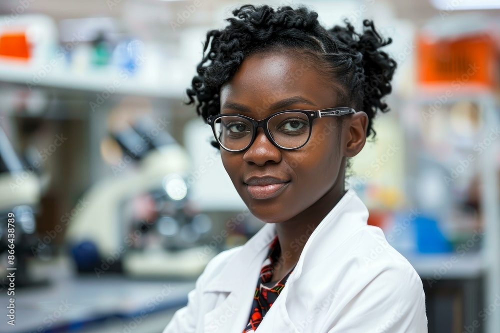 Young female researcher with glasses in a lab, looking at the camera Young female researcher with glasses in a lab, looking at the camera