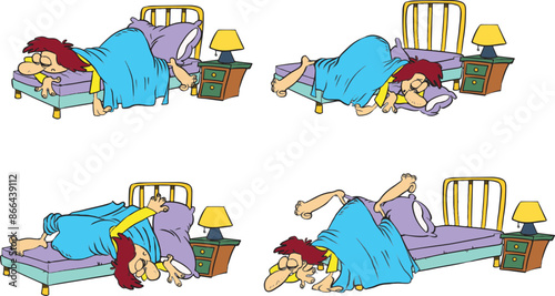 Man sleeping in different positions. The man with a sleep disorder.