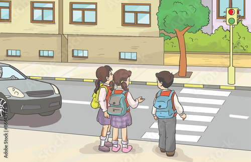 Kids crosswalk. Road safety zebra traffic light warning, students school child pedestrian sidewalk, street car urban, cartoon vector.