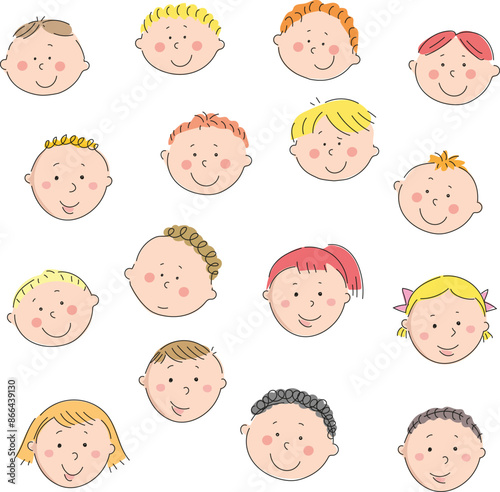 Set of different boys and girls head drawings. Young children's heads.