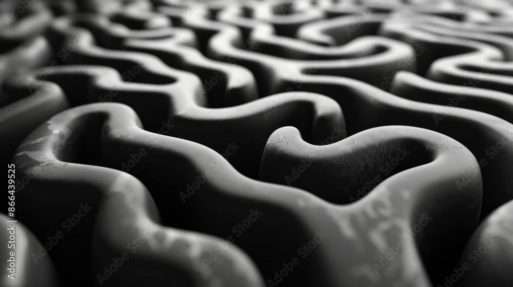 Obraz premium Abstract 3D Render of Black and White Wavy Organic Patterns with Depth and Shadows