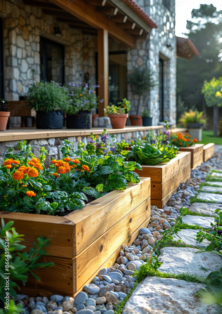 A row of wooden planters with flowers and vegetables in them. The planters are arranged in a row and are placed on a stone path A row of wooden planters with flowers and vegetables in them. The planters are arranged in a row and are placed on a stone path